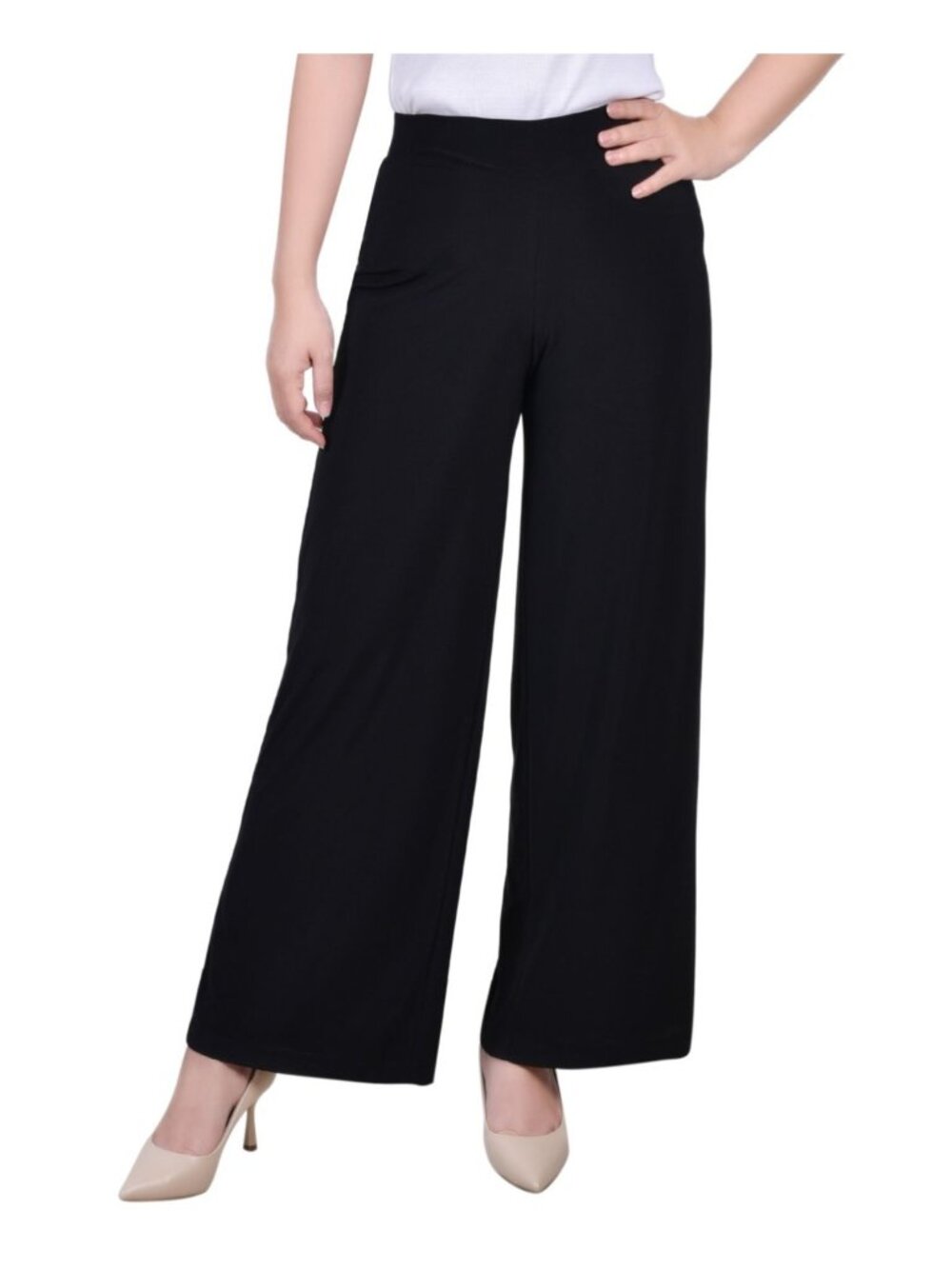 NY Collection Short Mid Rise Pull On Wide-Leg Palazzo Pant Black Petite Size PM